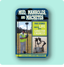 Book cover featuring a surveyor engineer with tools and a scene of fieldwork.