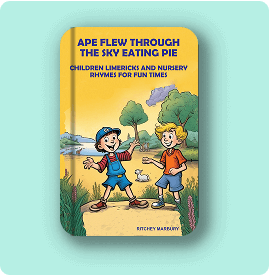 Children joyfully run under a bright sky with a poem about an ape eating pie.