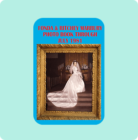 Vintage photo of a bride in a classic wedding dress framed on a teal background.