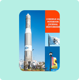 A rocket on a launchpad with a blue sky and signage.