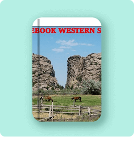 Two horses grazing near rock formations under a clear sky.